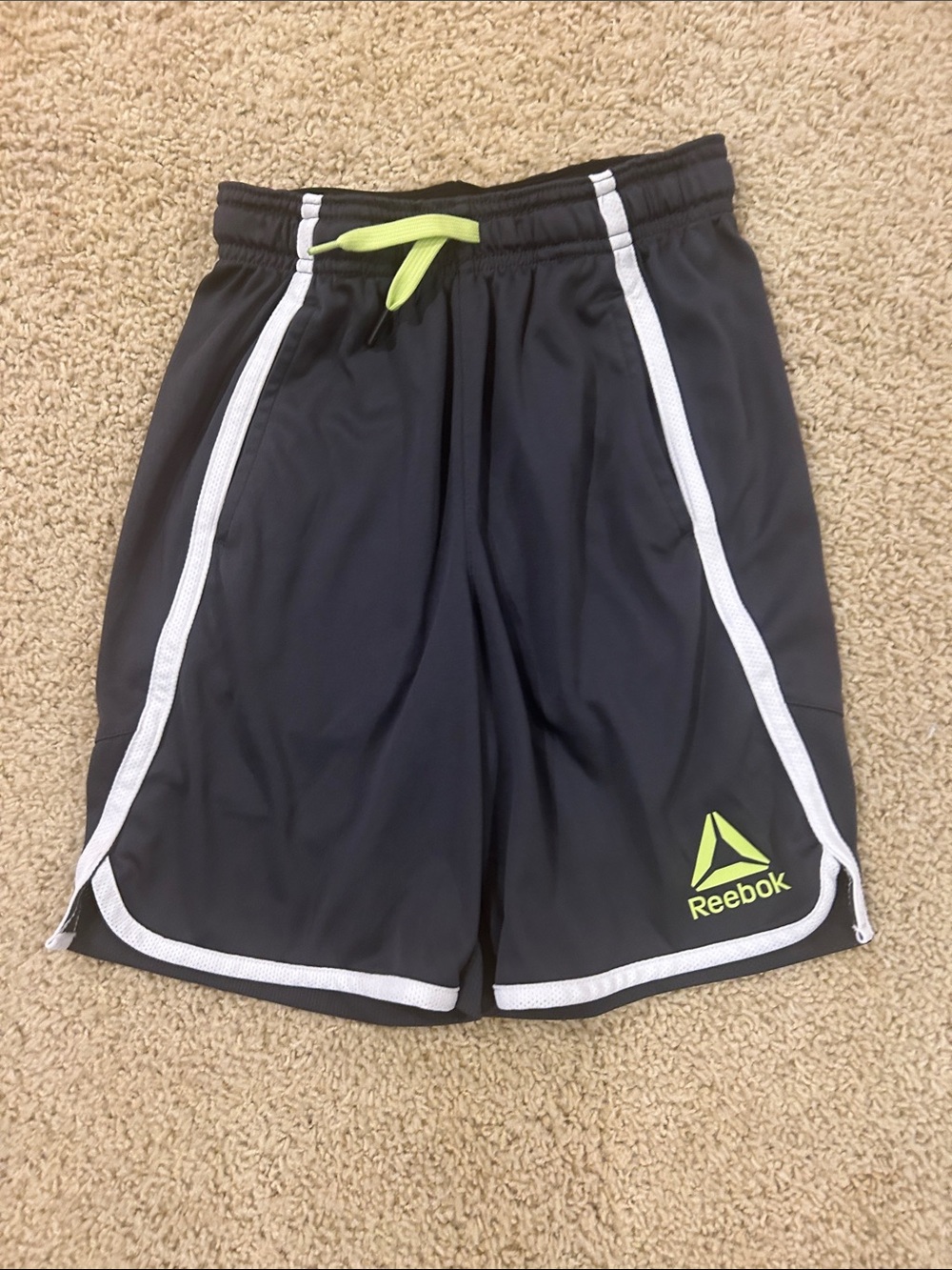 Reebok Black Athletic Shorts with White Trim and Neon Yellow Logo